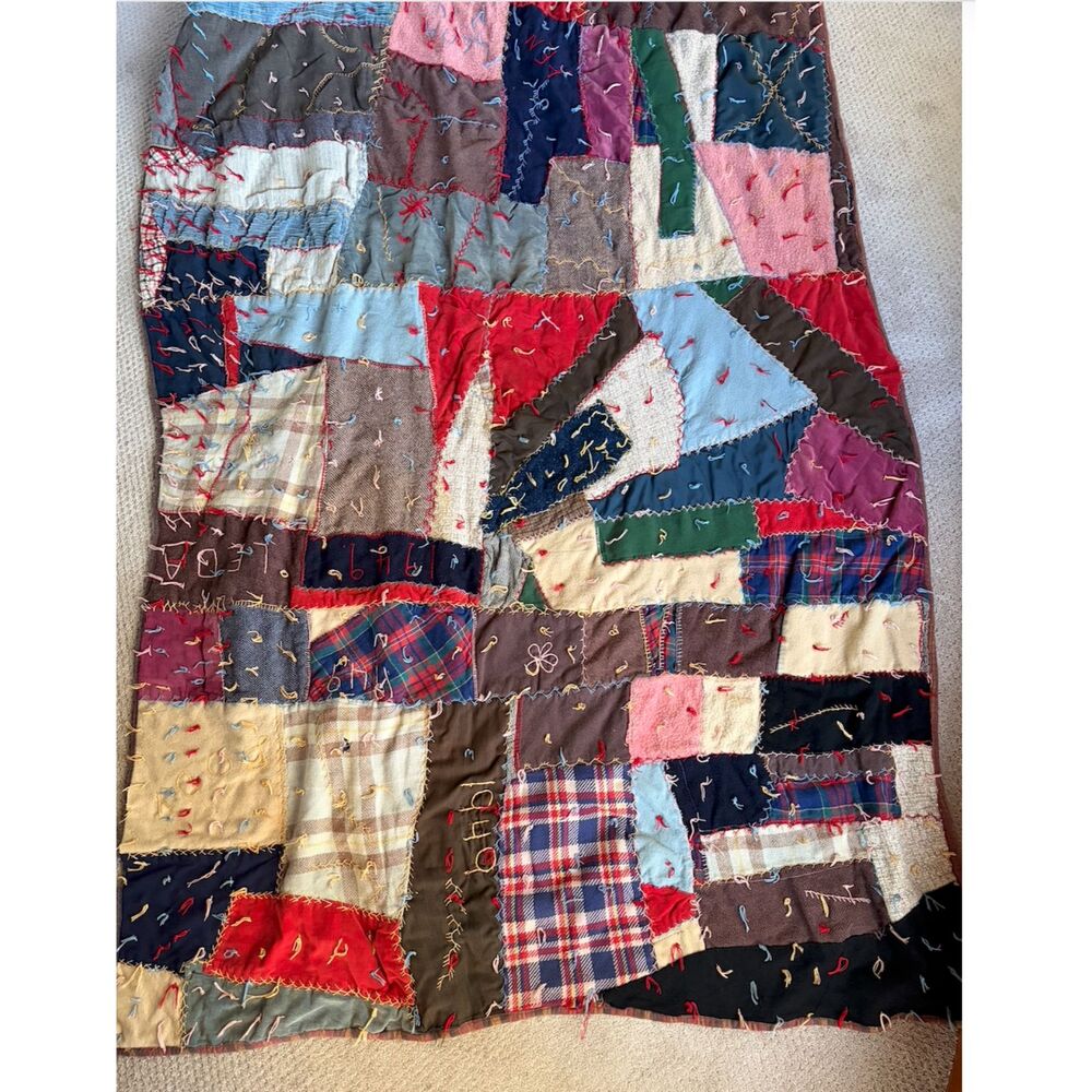 Handmade 1949 Lega Patchwork Crazy Quilt. Darker colors, Beautifully Made